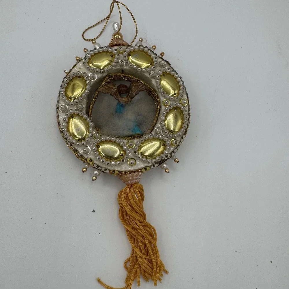 Vintage Handmade Diorama Angel Christmas Ornament Gold Pearl Tassel Mid Century